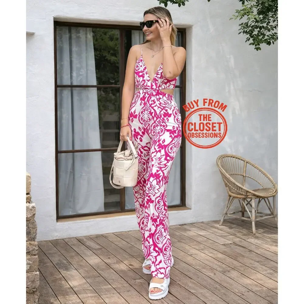 Zara NWT Pink White Cutout Wide Leg Jumpsuit M